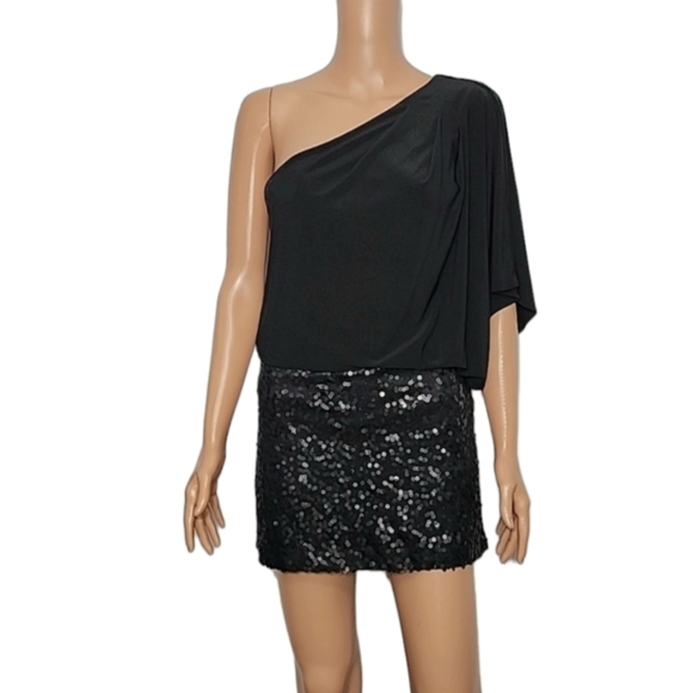 Eliza J New York Missy Mini Dress Size 6 Black Sequin Draped One‎ Shoulder